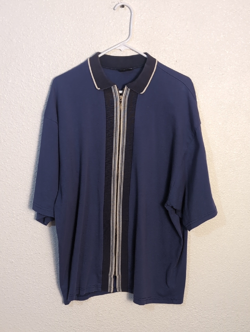 Navy Short Sleeve Zip Polo with Contrast Stripe